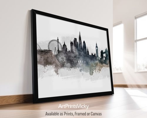 Watercolor wall art poster of the London skyline, featuring iconic landmarks along the River Thames, by ArtPrintsVicky.