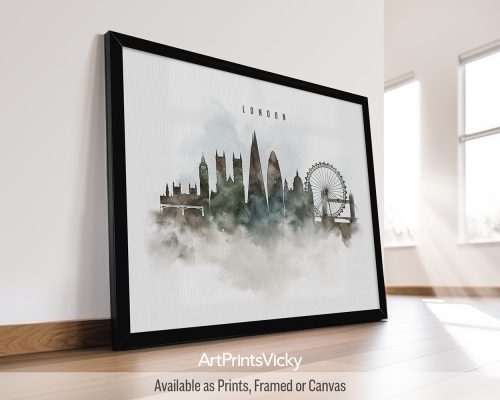 Minimalist London cityscape art print featuring Big Ben, the London Eye, and iconic landmarks, rendered in a soft watercolor painting style, by ArtPrintsVicky.