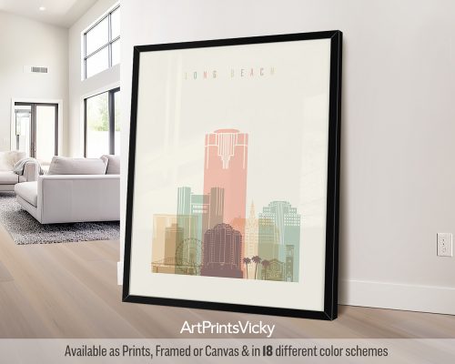 Modern minimalist Long Beach skyline poster featuring iconic landmarks in a warm and inviting Pastel Cream palette, by ArtPrintsVicky.