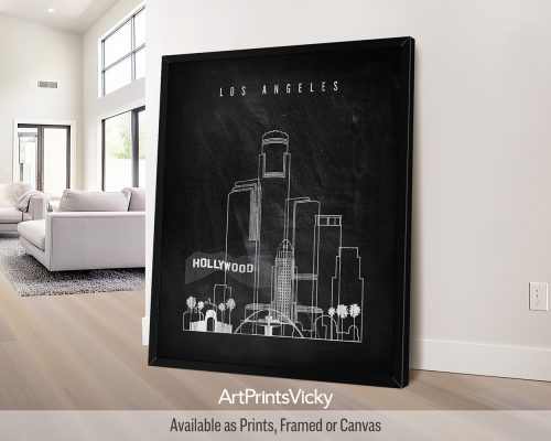 Los Angeles city skyline print featuring white chalk outlines of iconic landmarks on a textured black background by ArtPrintsVicky.