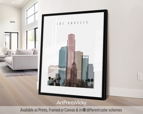 Distressed Los Angeles city poster with a subtle vintage texture, featuring iconic landmarks and palm trees by ArtPrintsVicky.