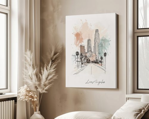 A smooth watercolor drawing of the Los Angeles skyline, featuring iconic landmarks and a serene atmosphere by ArtPrintsVicky