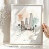 Artistic drawing of Los Angeles skyline with palm trees and buildings in a framed print.