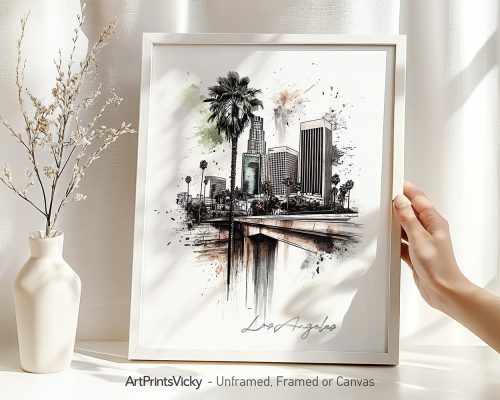 Artistic drawing of the Los Angeles skyline featuring palm trees and buildings.