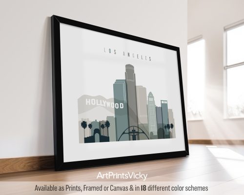 Los Angeles landscape city print featuring the Hollywood Sign, and sprawling cityscape in a cool, natural Earth Tones 4 palette, by ArtPrintsVicky.
