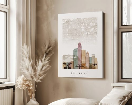 Artistic representation of a Los Angeles city map with prominent buildings and the Hollywood sign.