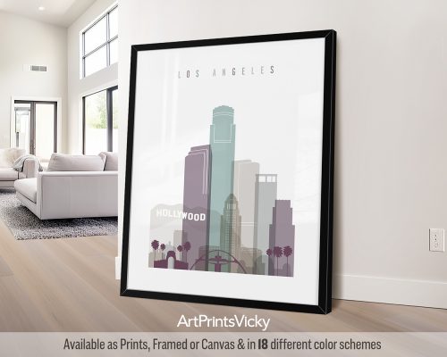 Los Angeles minimalist city art print featuring palm trees, the Hollywood Sign, and vibrant cityscape, rendered in a cool, sophisticated Pastel 2 style by ArtPrintsVicky.