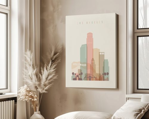 Stylized illustration of Los Angeles skyline with Hollywood sign and pastel colors.