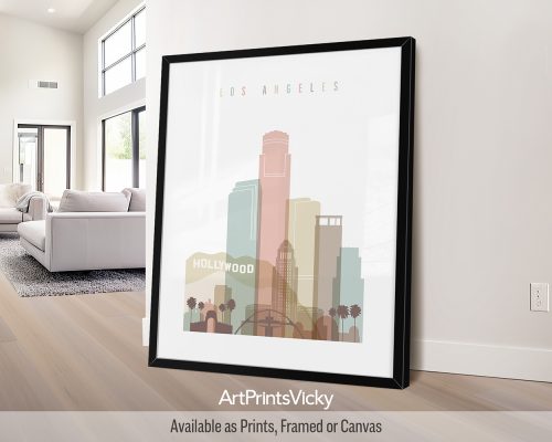 Los Angeles skyline poster in soft pastel white theme by ArtPrintsVicky