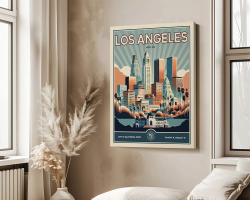 Retro-style poster featuring the skyline of Los Angeles with palm trees and mountains.