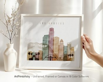Art print featuring a stylized cityscape of Los Angeles with Hollywood sign and notable buildings.