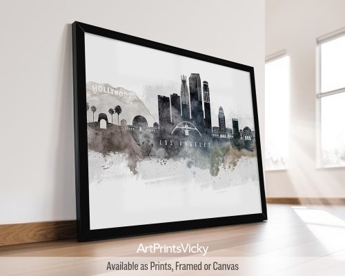 Watercolor wall art poster of the Los Angeles skyline, featuring iconic landmarks by ArtPrintsVicky.