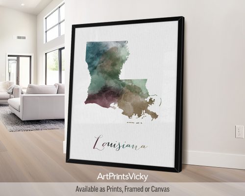 Louisiana watercolor map poster with handwritten title by ArtPrintsVicky
