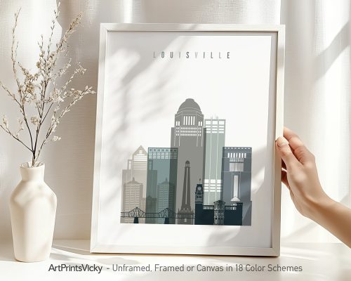 Framed cityscape print of Louisville with various buildings in shades of gray and green.