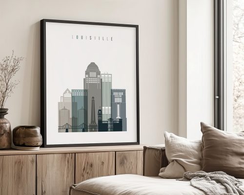 Framed cityscape print of Louisville featuring various buildings and structures in shades of gray.