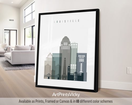 Louisville minimalist city print in cool Earth Tones 4 style. Features historic architecture, and Southern charm by ArtPrintsVicky