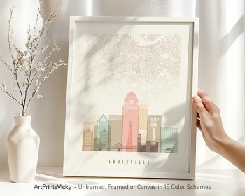 Map of Louisville featuring key landmarks and a stylized skyline in a framed design.