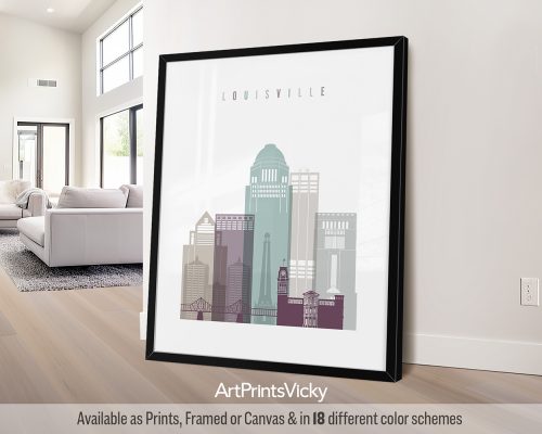 Louisville skyline featuring the Ohio River, Churchill Downs, and landmarks in a soft, vintage-inspired Cool Pastel 2 palette by ArtPrintsVicky.