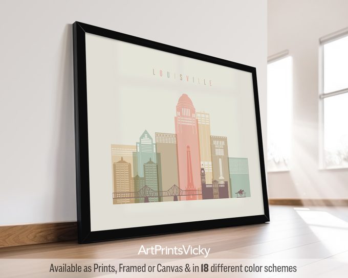 Art print of a stylized cityscape featuring buildings and structures from Louisville.