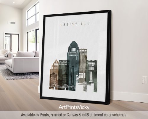 Louisville city skyline print featuring iconic landmarks, the Ohio River, and vibrant cityscape in a rich earthy Watercolor 2 style, by ArtPrintsVicky.