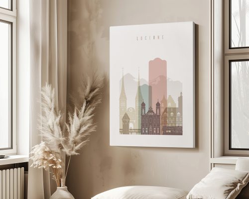 Art print featuring a stylized cityscape of Lucerne with mountains in the background.