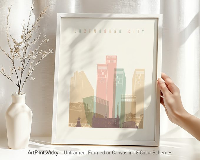 Art print of Luxembourg City featuring stylized buildings in various colors.