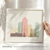 Art print of the Lyon city skyline featuring various iconic buildings in pastel colors.
