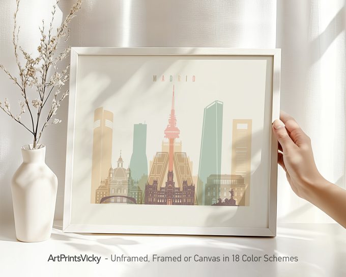 Framed artwork depicting a stylized cityscape of Madrid with notable buildings.