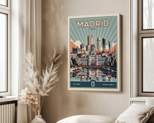 Retro-style city print of Madrid featuring notable buildings and skyline.