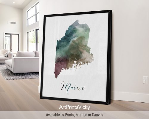 Maine watercolor map poster with handwritten title by ArtPrintsVicky