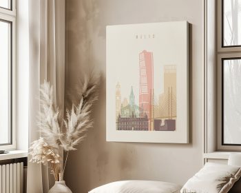 Art print featuring a stylized illustration of Malmo's skyline with notable buildings.
