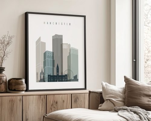Framed cityscape print of Manchester featuring modern buildings and historical architecture.