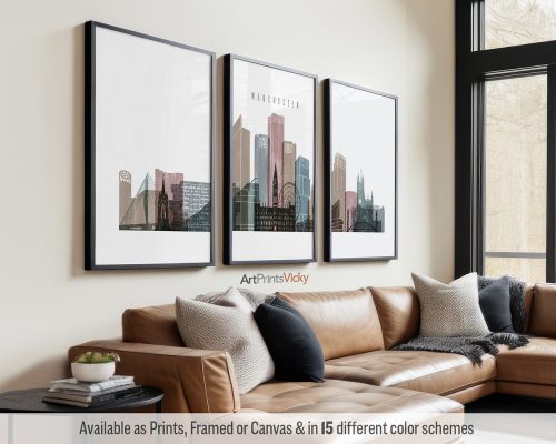 Manchester modern skyline triptych featuring iconic buildings, vibrant cityscape, and industrial heritage, rendered in a textured Distressed 1 style, divided into three contemporary prints. by ArtPrintsVicky.