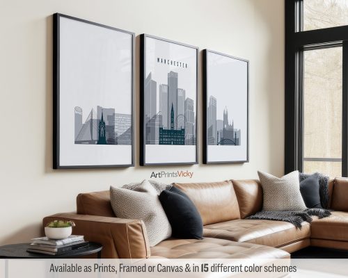 Manchester modern skyline triptych featuring iconic buildings, vibrant cityscape, and industrial heritage, rendered in a cool Grey Blue color scheme, divided into three contemporary prints. by ArtPrintsVicky.