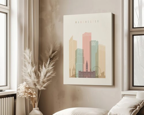 Art print featuring a stylized cityscape of Manchester with buildings and landmarks in pastel colors.