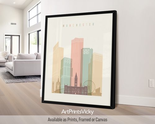 Manchester skyline print in pastel cream theme by ArtPrintsVicky