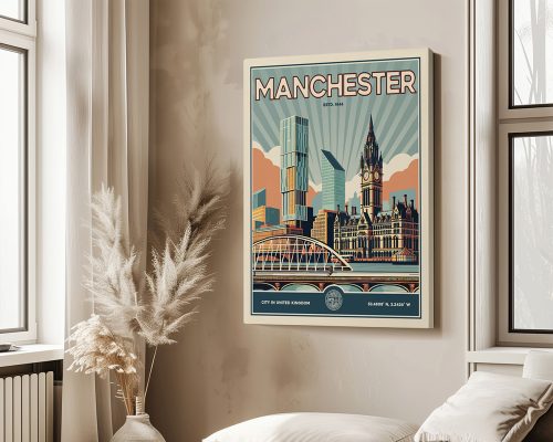 Retro art print featuring a stylized illustration of Manchester's skyline with notable buildings.