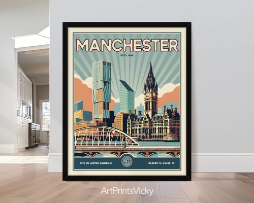 Retro image of Manchester skyline at daytime