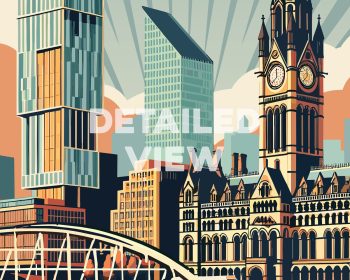 Illustration of Manchester cityscape featuring modern and historic buildings with a stylized background.
