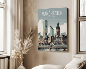 Art print of Manchester featuring buildings and a bridge with the title 'Manchester England'.