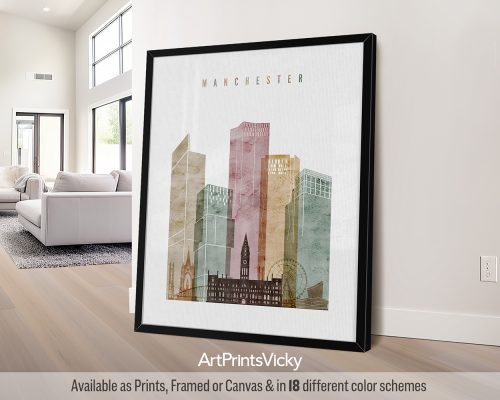Manchester, UK skyline featuring iconic landmarks, vibrant cityscape, and industrial heritage in a warm and textured Watercolor 1 style, by ArtPrintsVicky.