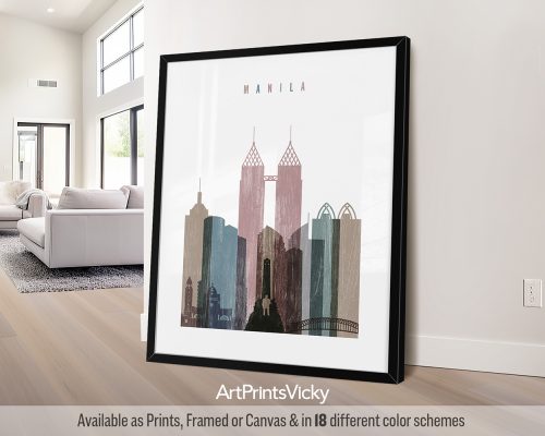 Distressed Manila skyline poster with a subtle vintage texture, featuring iconic landmarks by ArtPrintsVicky.
