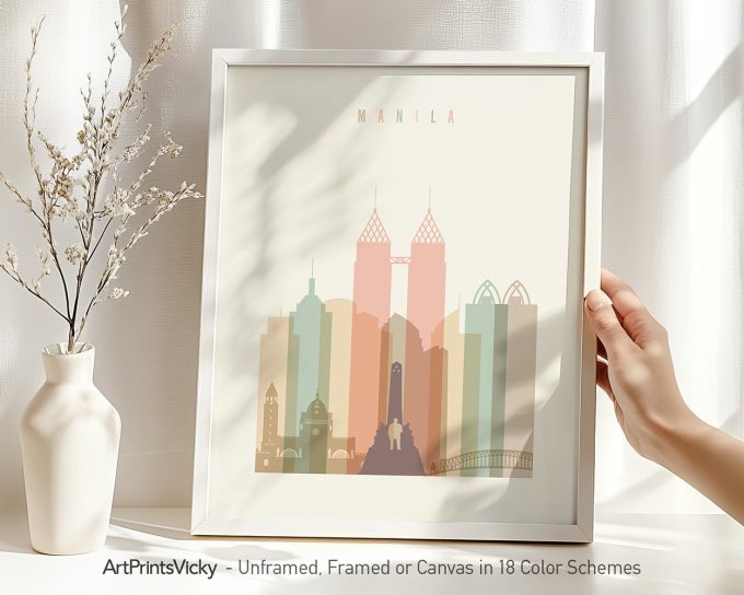 Art print featuring a stylized skyline of Manila with various building shapes and colors.