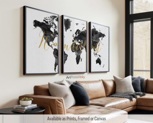 World map triptych in black and white watercolors with a "Wanderlust" title in faux gold. Each panel features a different continent by ArtPrintsVicky.