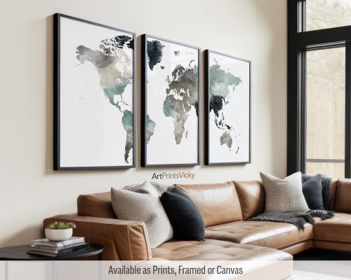 Earth Tones 4 watercolor world map triptych by ArtPrintsVicky