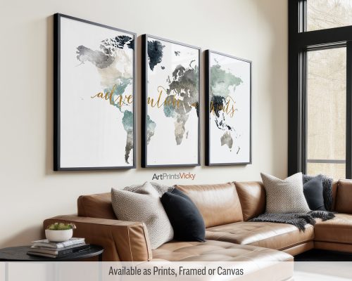 Earth Tones 4 watercolor world map triptych with the words "Adventure Awaits" in faux gold by ArtPrintsVicky