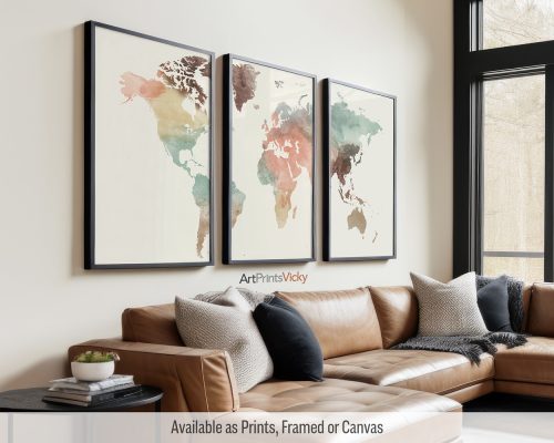 Pastel cream watercolor world map triptych on a soft cream background by ArtPrintsVicky