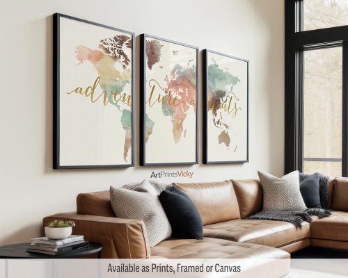 Pastel Cream watercolor world map triptych with the words "Adventure Awaits" in faux gold by ArtPrintsVicky