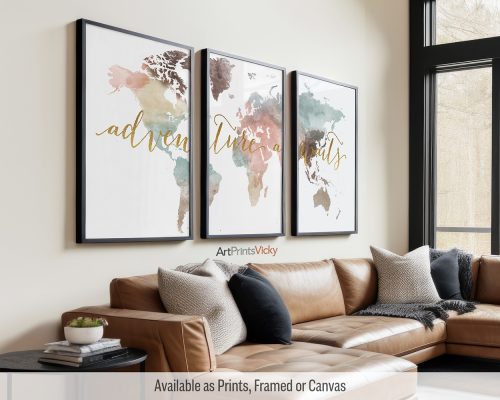 Pastel white watercolor world map triptych with the words "Adventure Awaits" in faux gold by ArtPrintsVicky