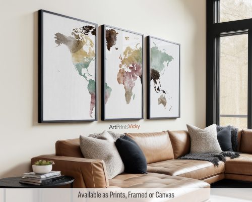 World map triptych in warm "Watercolor 1" style. Each panel features a different continent in vibrant pinks, oranges, and browns by ArtPrintsVicky.